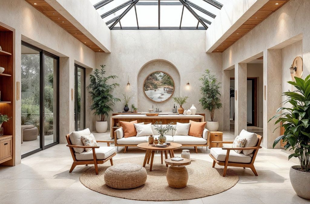 Phòng khách biệt thự nhà vườn dùng nội thất với chất liệu tự nhiên