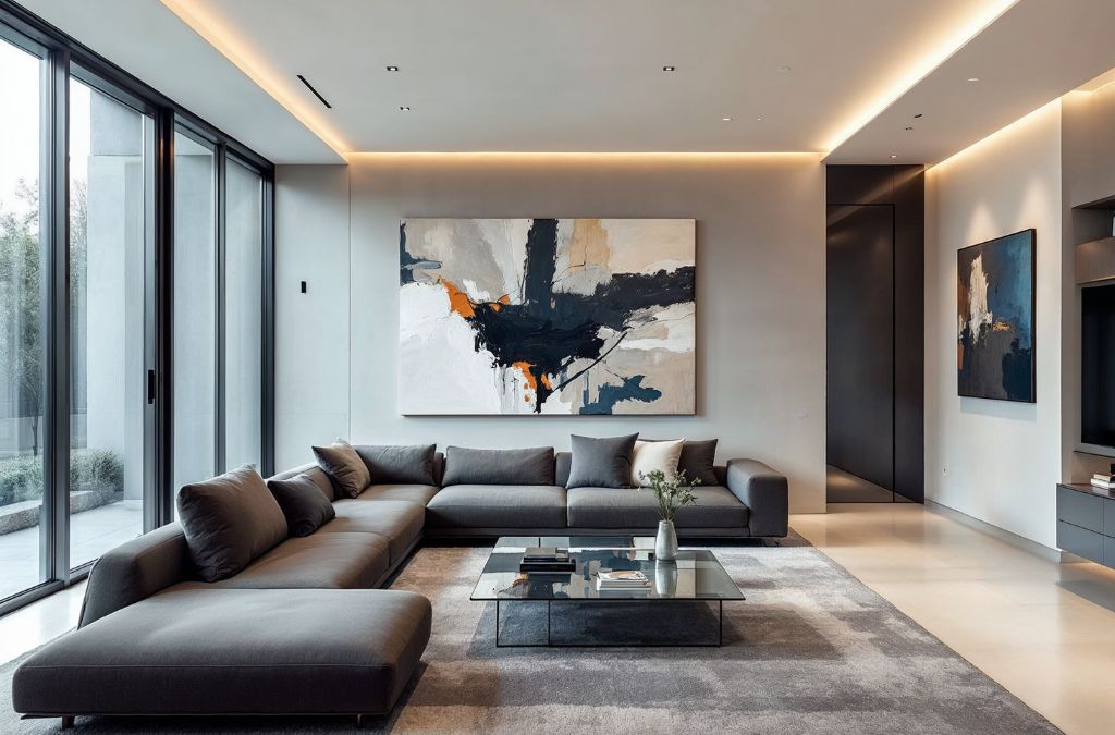 Mẫu phòng khách biệt thự với Sofa dài màu xám than