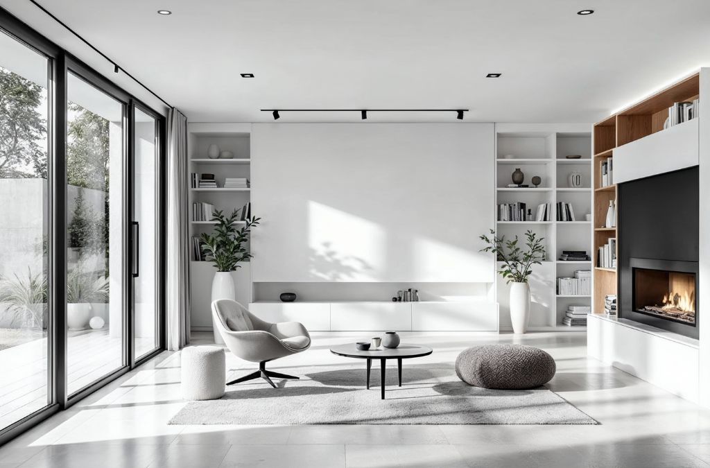 Mẫu Phòng Khách Biệt Thự Minimalist với cửa kính lớn đón ánh sáng tự nhiên