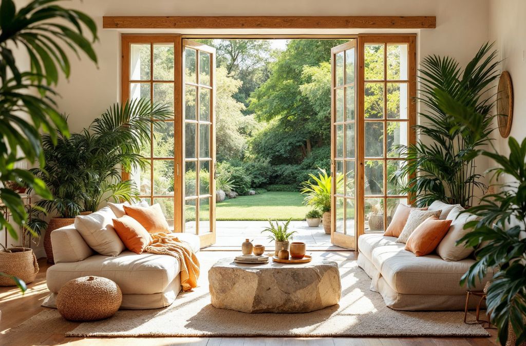 Mẫu biệt thự phòng khách phong cách rustic với nội thất thủ công