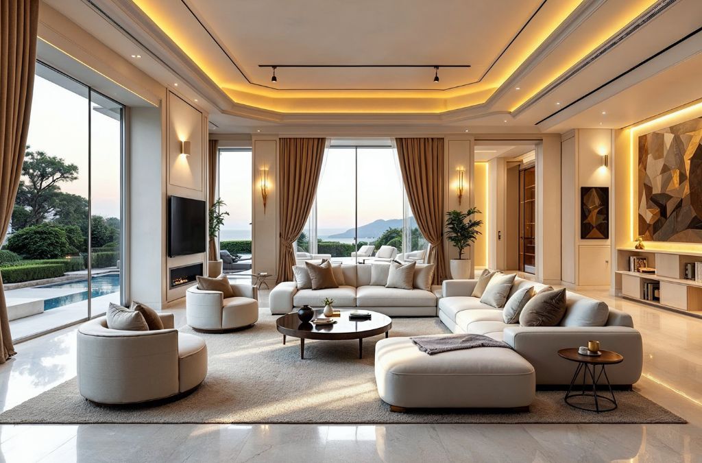 Phòng khách biệt thự hiện đại, sang trọng với hệ đèn thông minh