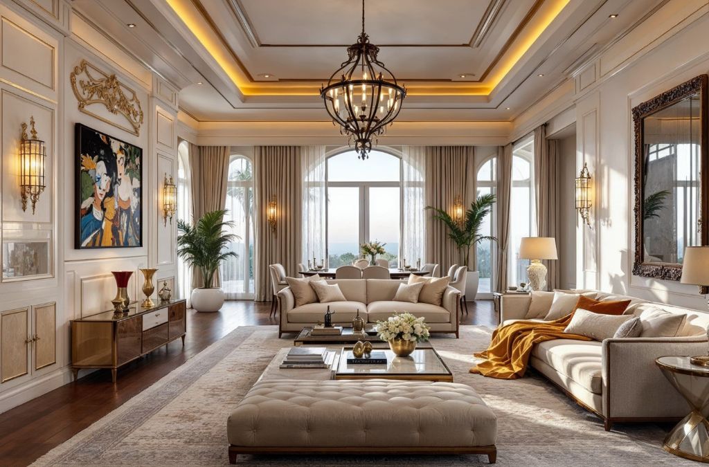 Nội thất tân cổ điển luôn là điểm nhấn đặc biệt được ưu tiên đối với phòng khách biệt thự