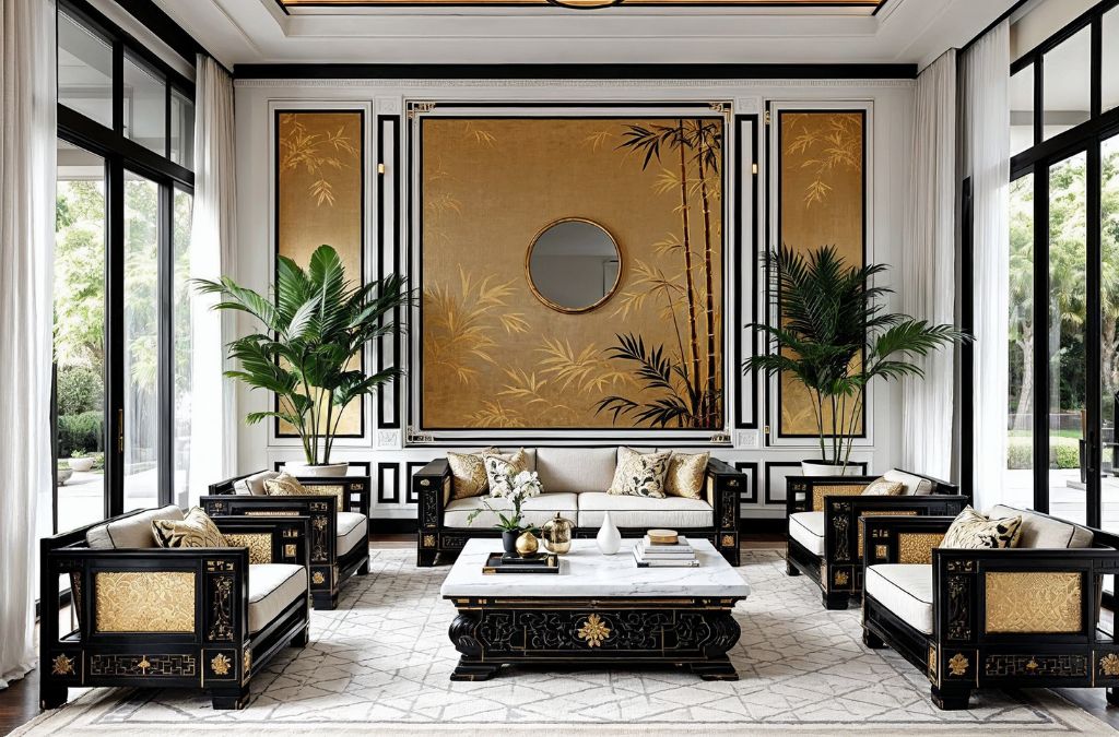 Mẫu sofa phong cách indochine sử dụng chất liệu gỗ óc chó cao cấp