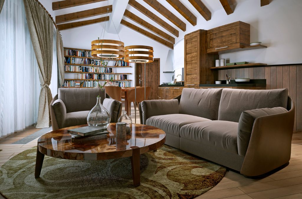 Phòng khách Rustic Style hiện đại với ghế nhung sang trọng