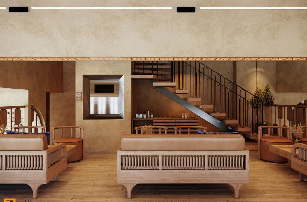 Nội thất nhà hàng phong cách Rustic với tông màu ấm áp