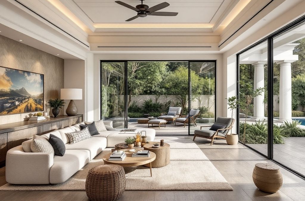 Không gian biệt thự với cửa kính lớn giúp không gian thông thoáng và rộng rãi