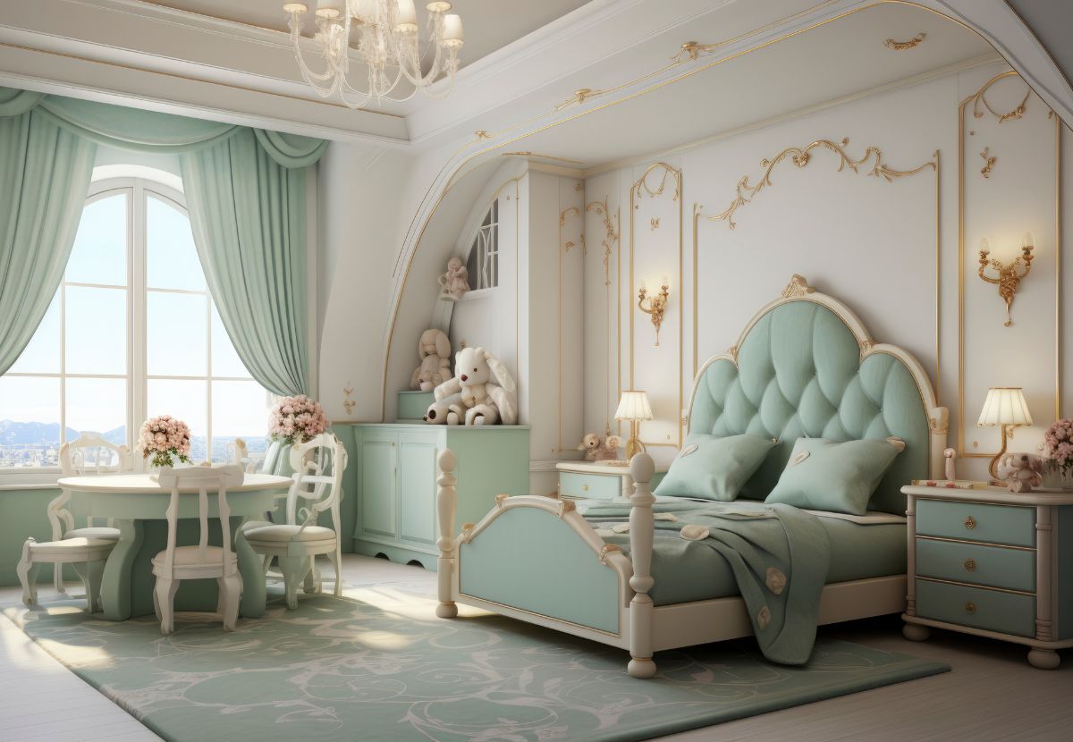 Mẫu phòng ngủ Tân Cổ Điển với tone xanh pastel dành cho không gian rộng
