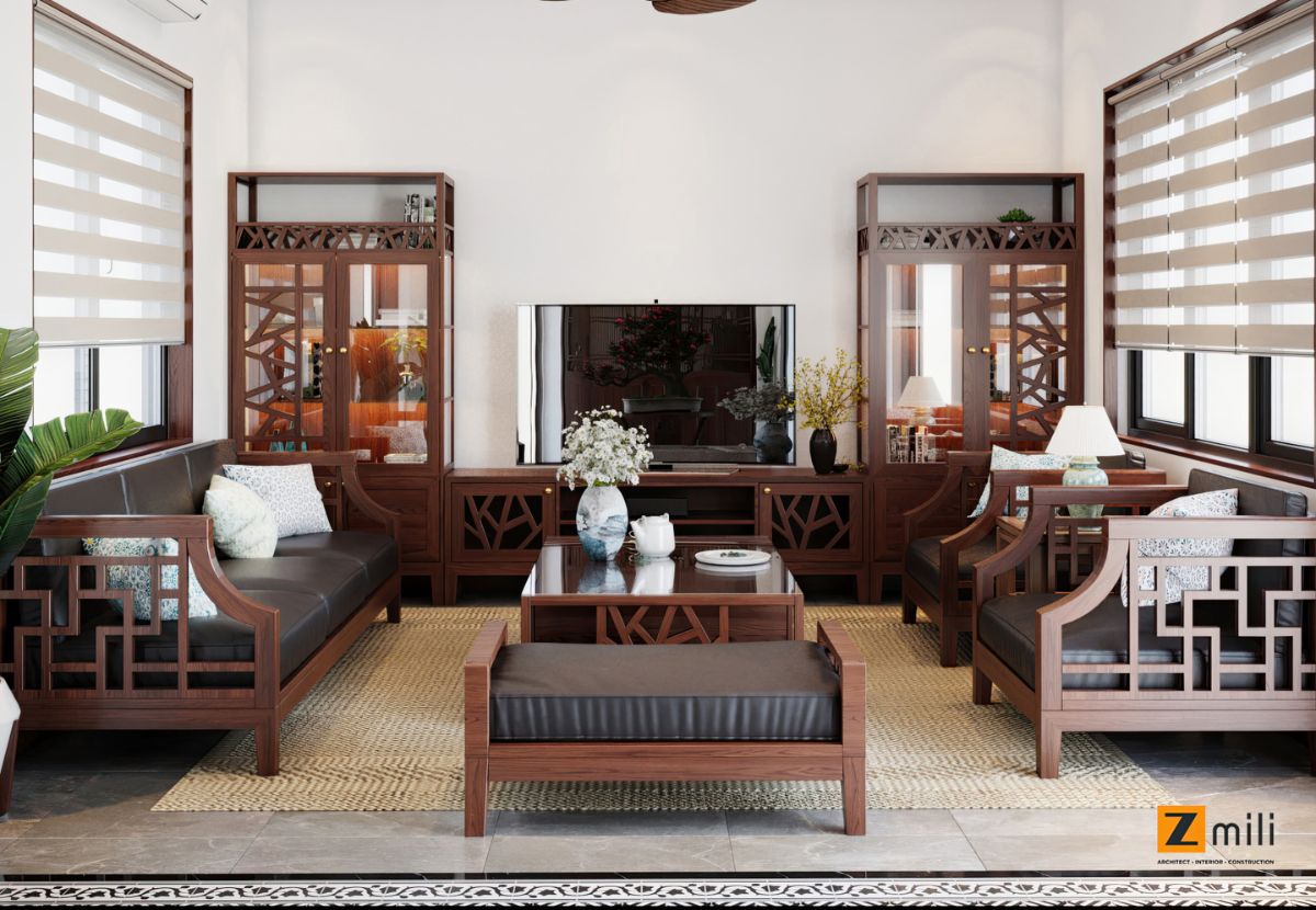 Mẫu trang trí phòng khách indochine với nội thất gỗ tự nhiên cao cấp