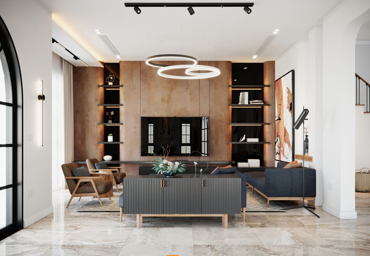 Mẫu trang trí phòng khách với vách ngăn lớn với phòng bếp