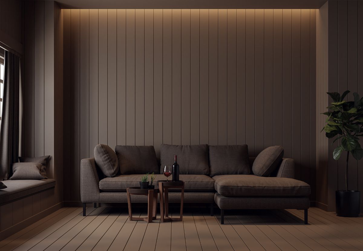 Mẫu trang trí phòng khách với tone màu tối là chủ đạo