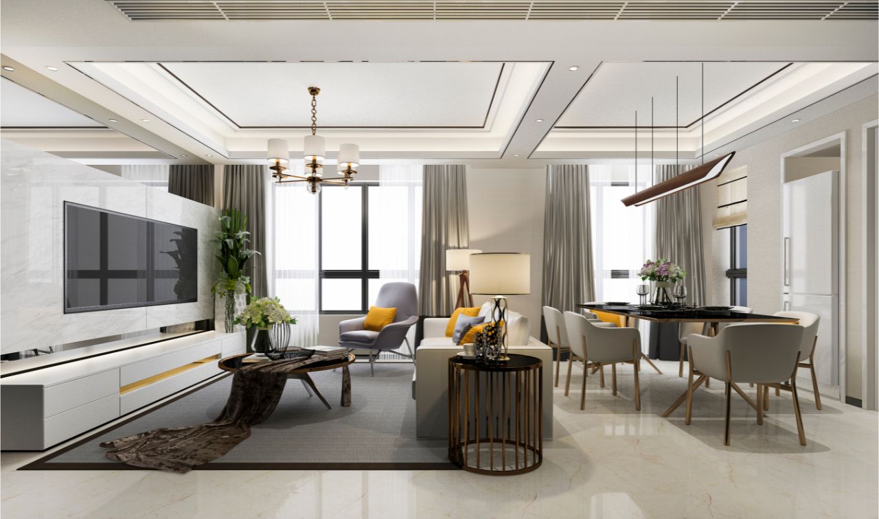 Mẫu trang trí phòng khách tích hợp với không gian phòng bếp