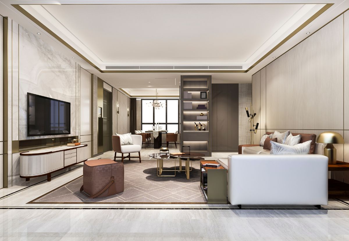 Mẫu trang trí phòng khách hiện đại với hệ ánh thông minh