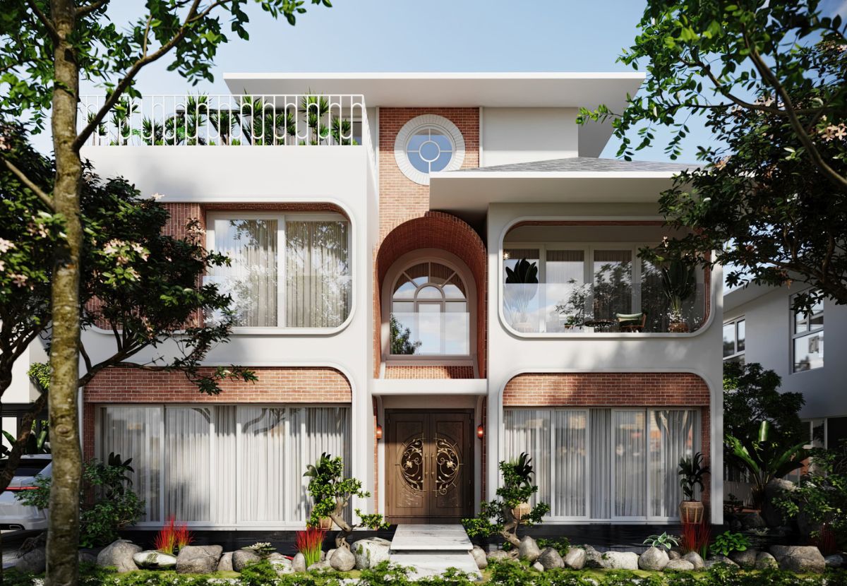 Ảnh ngoại thất biệt thự vườn Mai Ecopark sau khi cải tạo theo phong cách Indochine