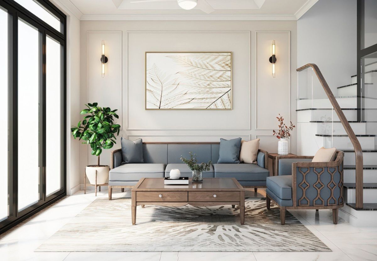 Mẫu phòng khách nhà ống indochine kết hợp cùng cồng thang