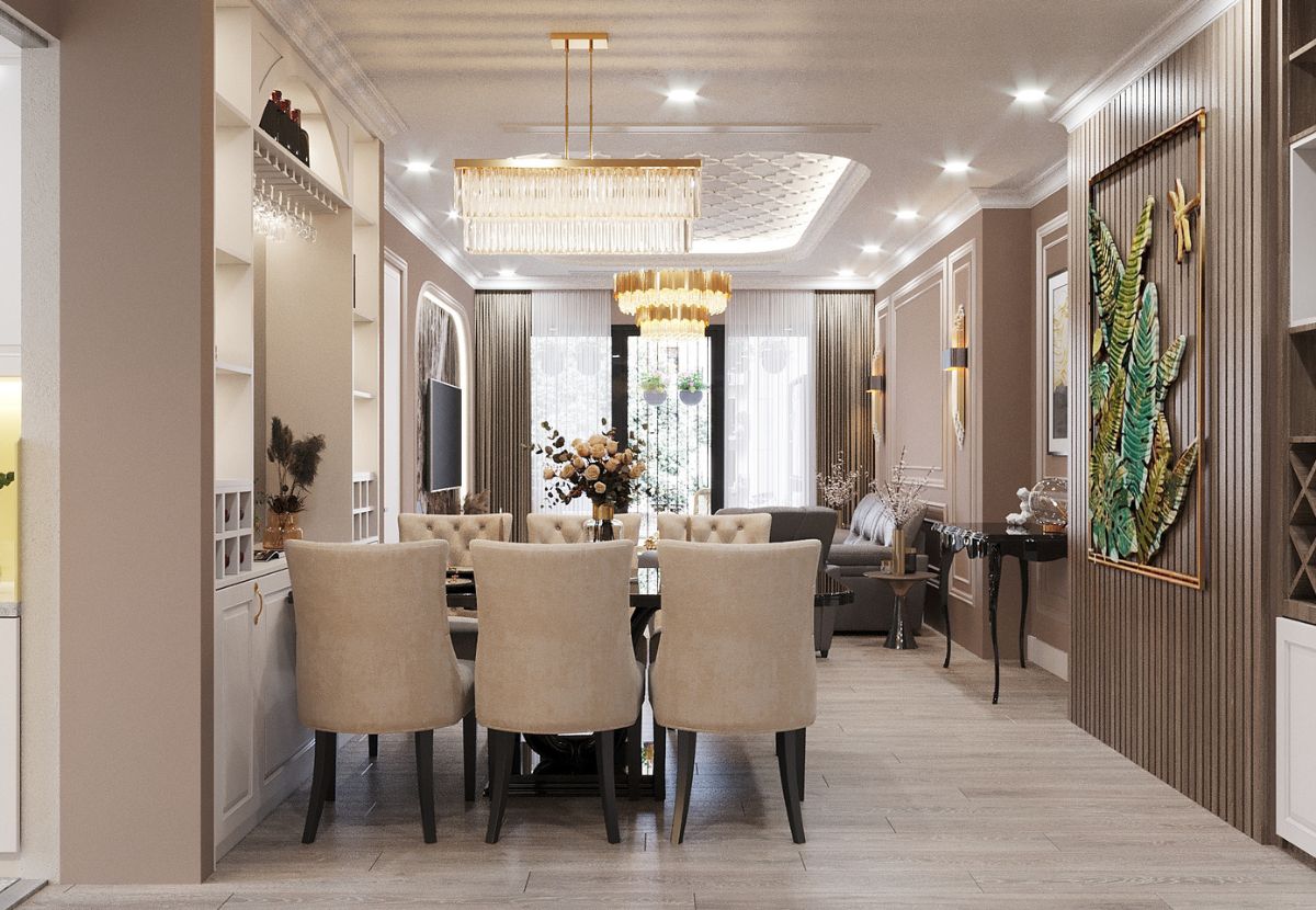 Nội thất chung cư Tân Cổ Điển với không gian bếp và phòng khách liền mạch