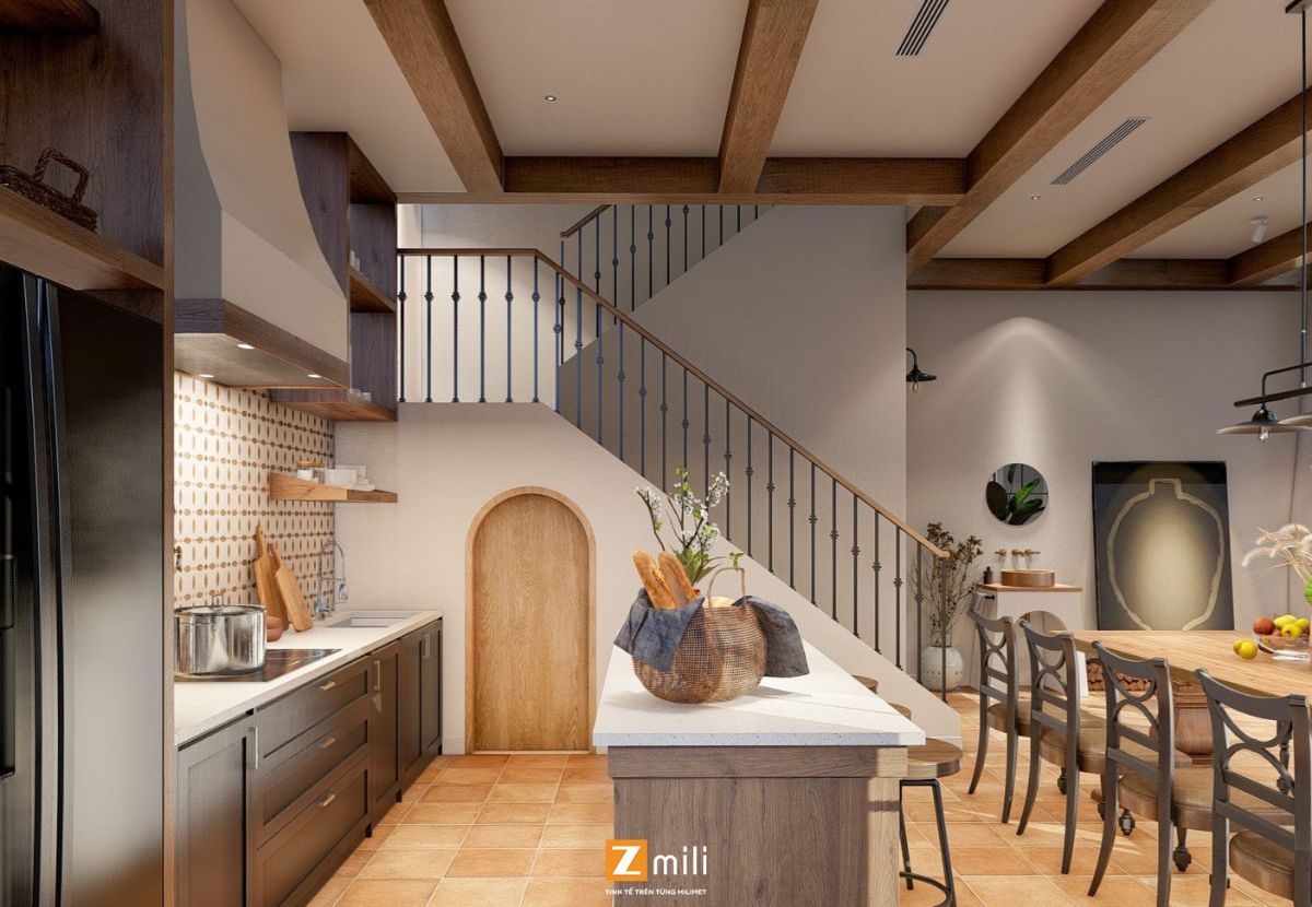 Mẫu decor nhà bếp biệt thự tierra phong cách Farmhouse kết hợp Địa Trung Hải