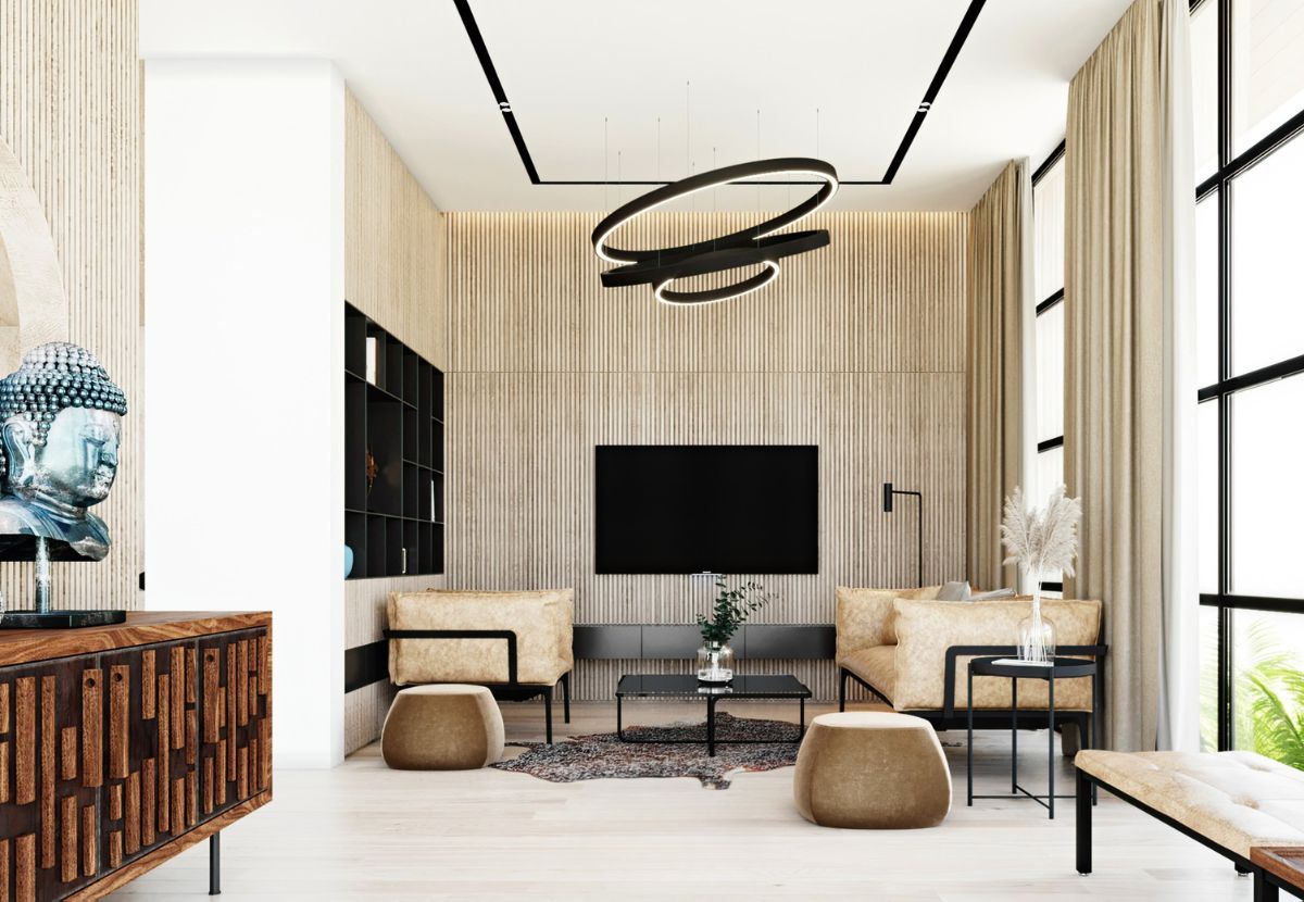 Phòng khách biệt thự vườn Tùng Ecopark phong cách Tropical Rustic