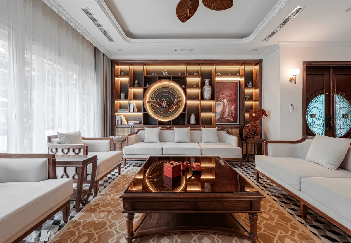 Phòng khách biệt thự vườn Mai Ecopark phong cách Indochine