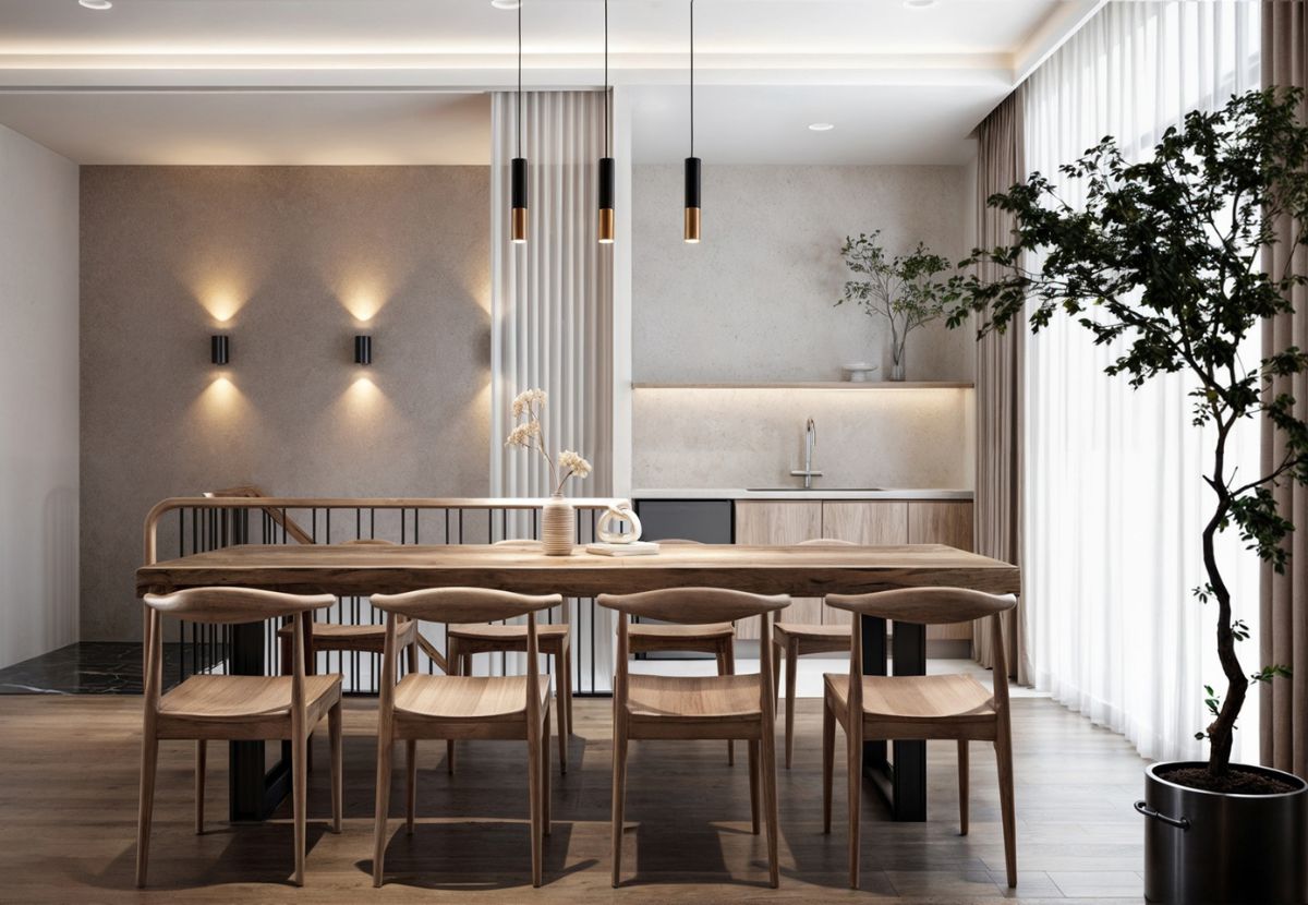 Phòng sinh hoạt chung biệt thự liền kế tại đảo Dừa phong cách Rustic & Wabisabi