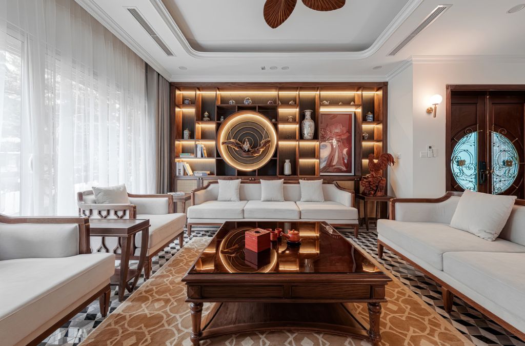 Phòng khách biệt thự vườn Mai sau khi cải tạo với phong cách Indochine