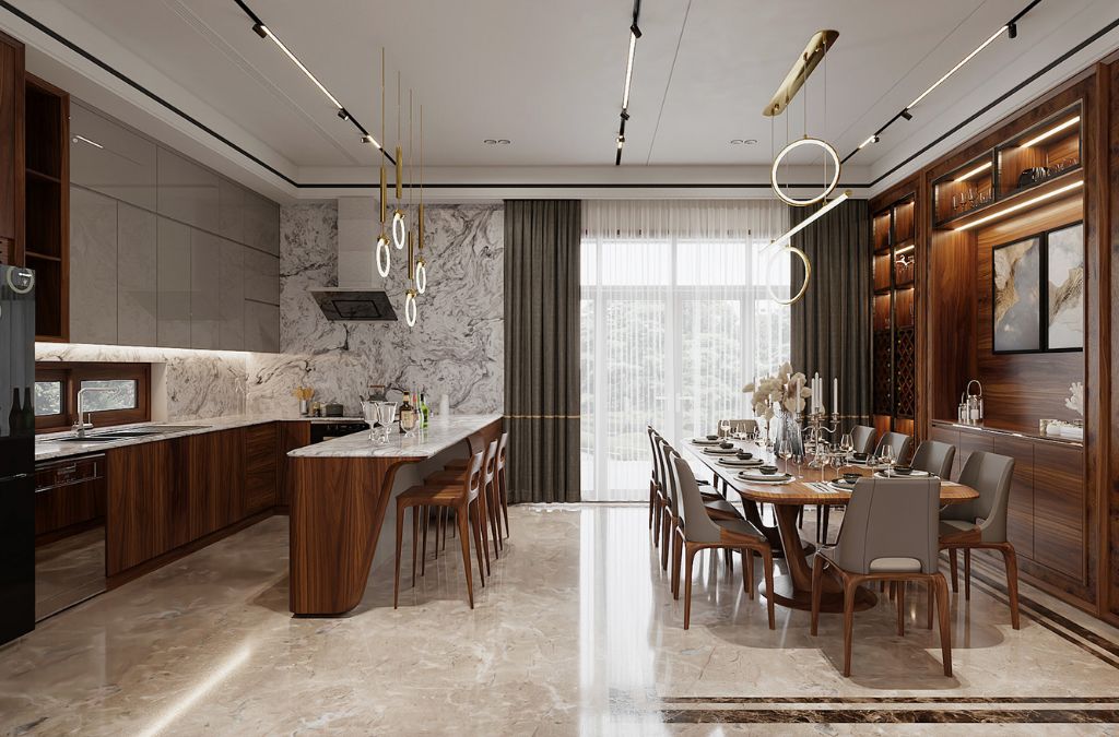 Mẫu thiết kế phòng bếp hiện tại với nội thất gỗ sang trọng