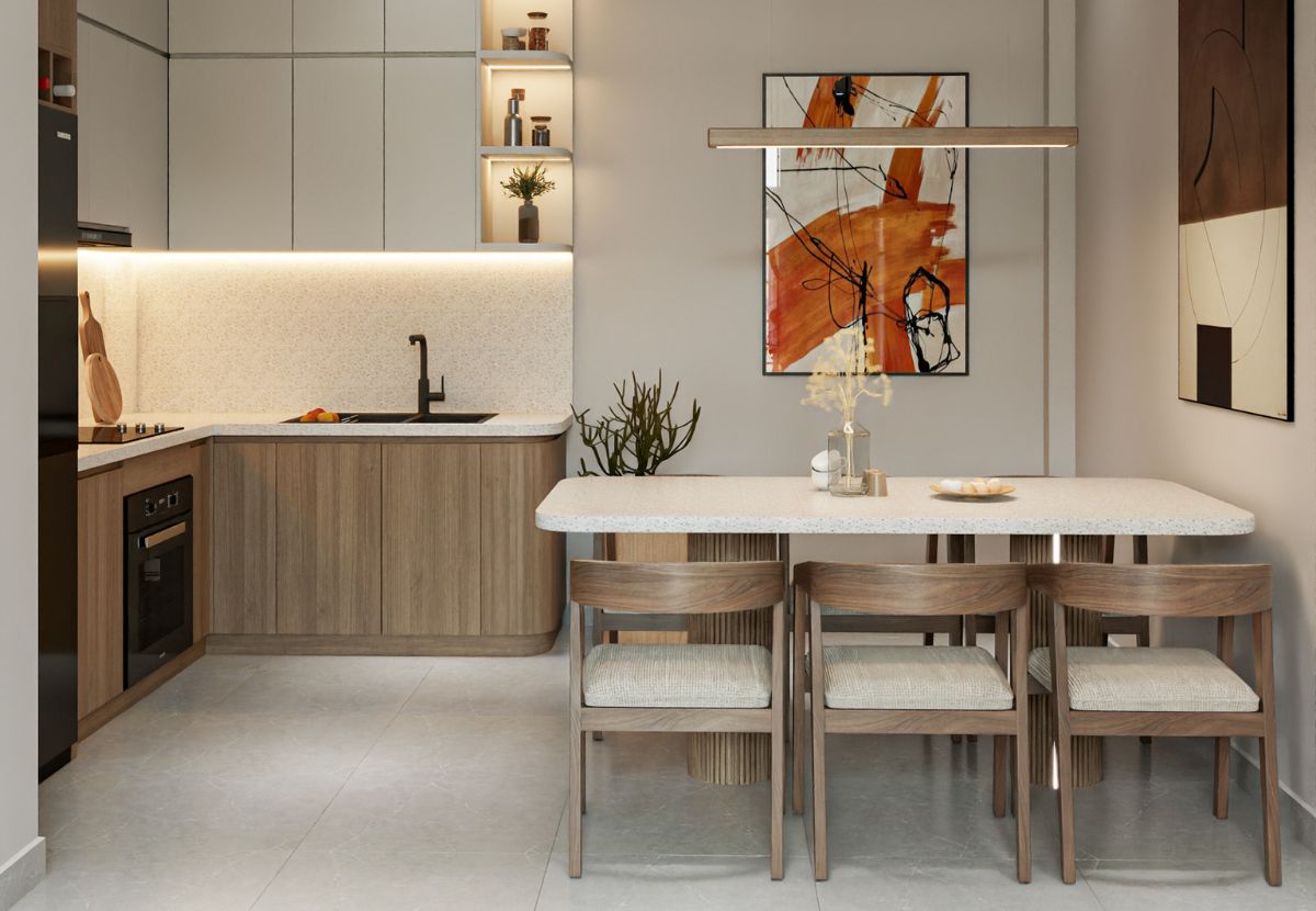 Mẫu phòng bếp Japandi tinh giản nhưng tiện nghi