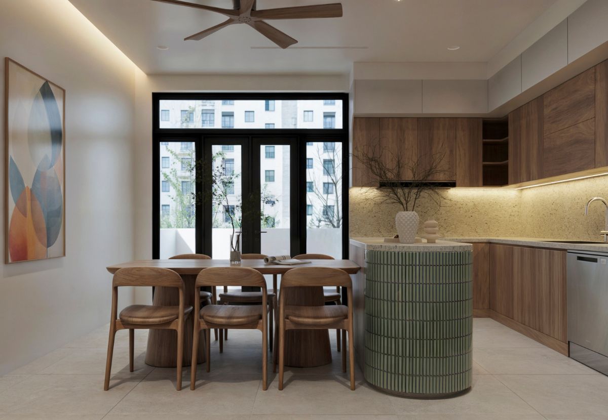 Mẫu phòng bếp đảo Dừa villa mộc mạc, tối ưu ánh sáng