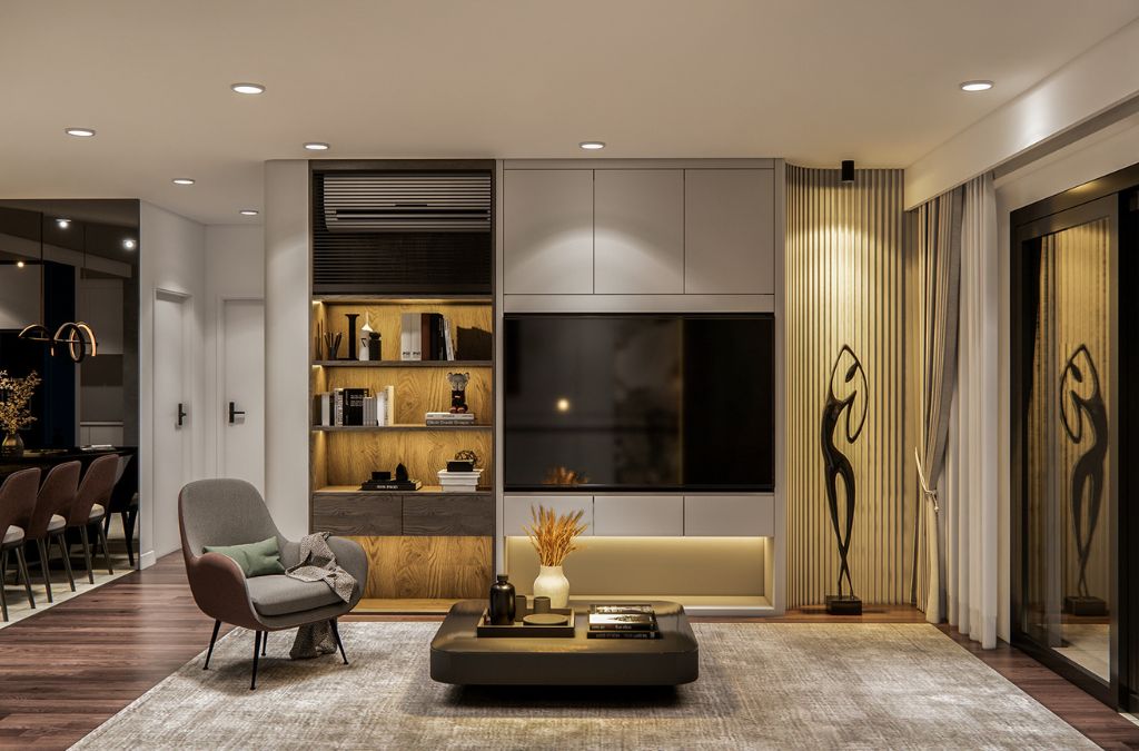 Phòng khách căn hộ với nội thất Luxury là chủ đạo