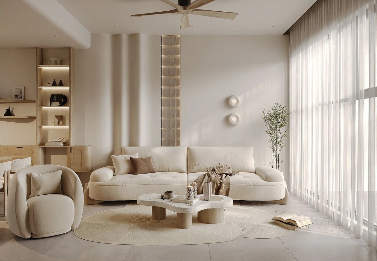 Phòng khách căn hộ phong cách Japandi với đường nét mềm mại, tinh tế