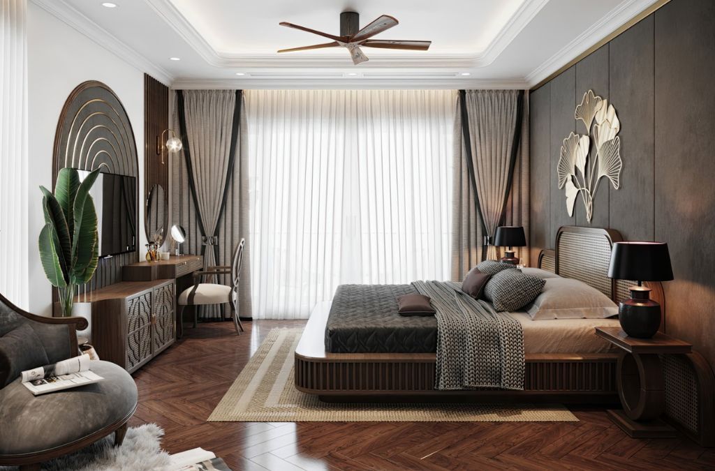 Phòng khách căn hộ Indochine với nội thất mềm mại, hoài cổ
