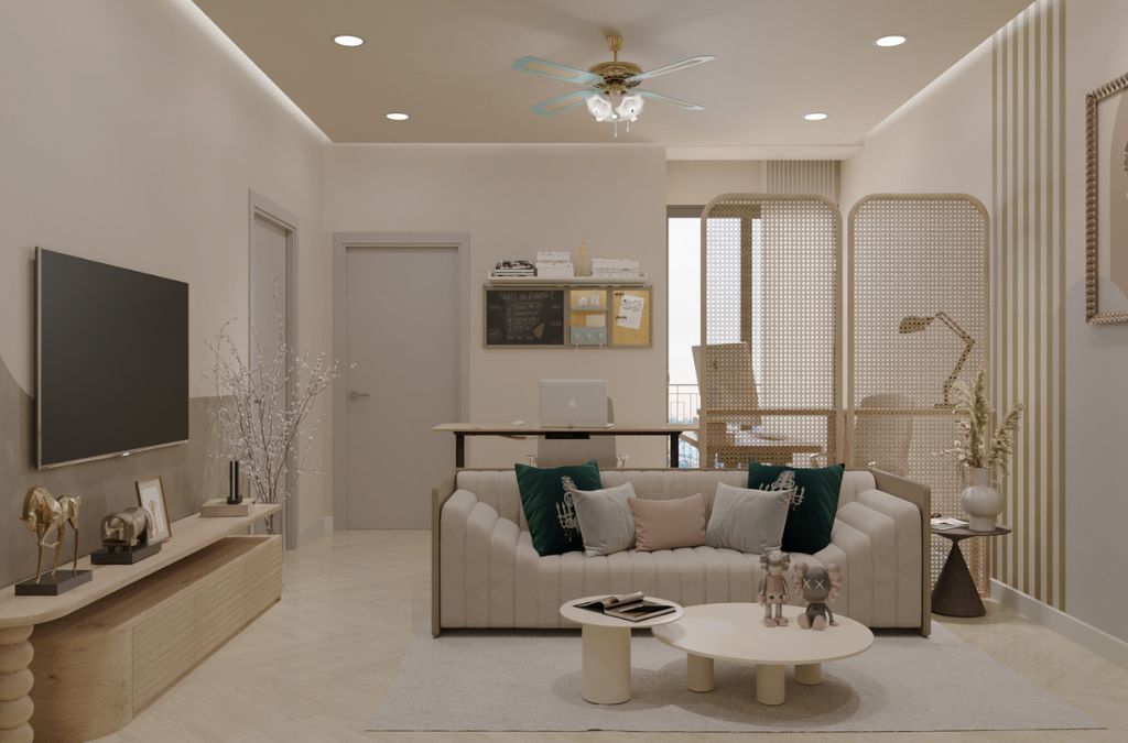 Mẫu căn hộ phòng khách bếp với vách ngăn phân chia không gian