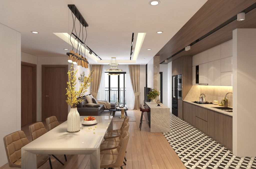 Mẫu phòng bếp liền kề khách với hệ thống điện thông minh, thuận tiện sử dụng