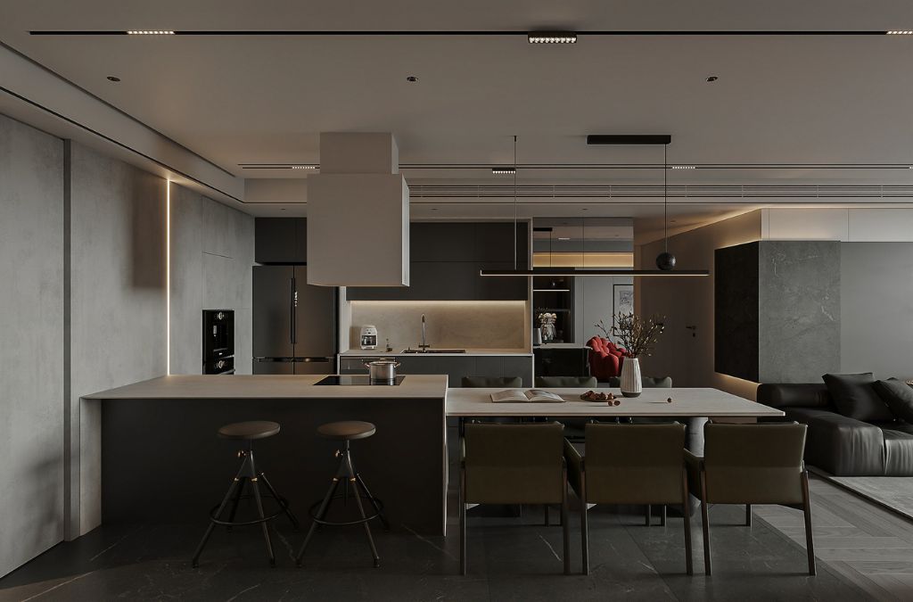 Mẫu căn hộ 200m2 với thiết kế mở khách - bếp - bàn ăn tạo cảm giác rộng rãi, thuận tiện