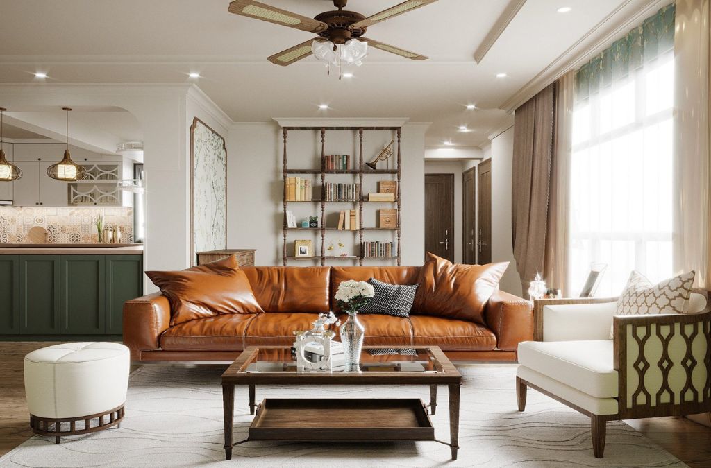 Mẫu phòng khách indochine với nội thất đặc trưng, gần gũi