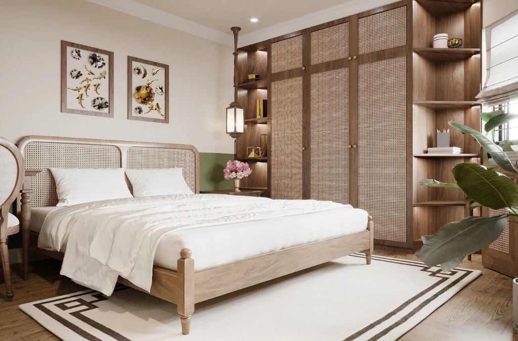 Mẫu phòng ngủ Indochine với nội thất mây mắt cáo đơn giản, tinh tế