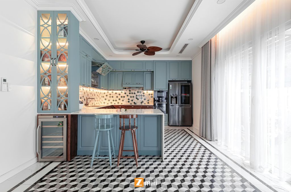 Phòng bếp với hệ tủ xanh Pastel đẹp, tinh tế