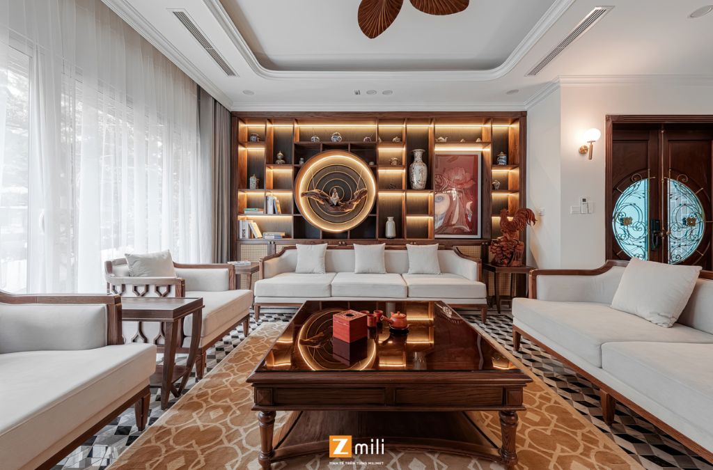 Phòng khách biệt thự Vườn Mai với phong cách Indochine độc đáo