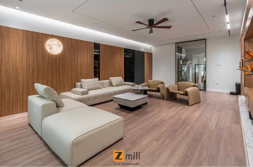 Mẫu phòng khách nhà phố với hệ thống ánh sáng đa lớp dễ sử dụng