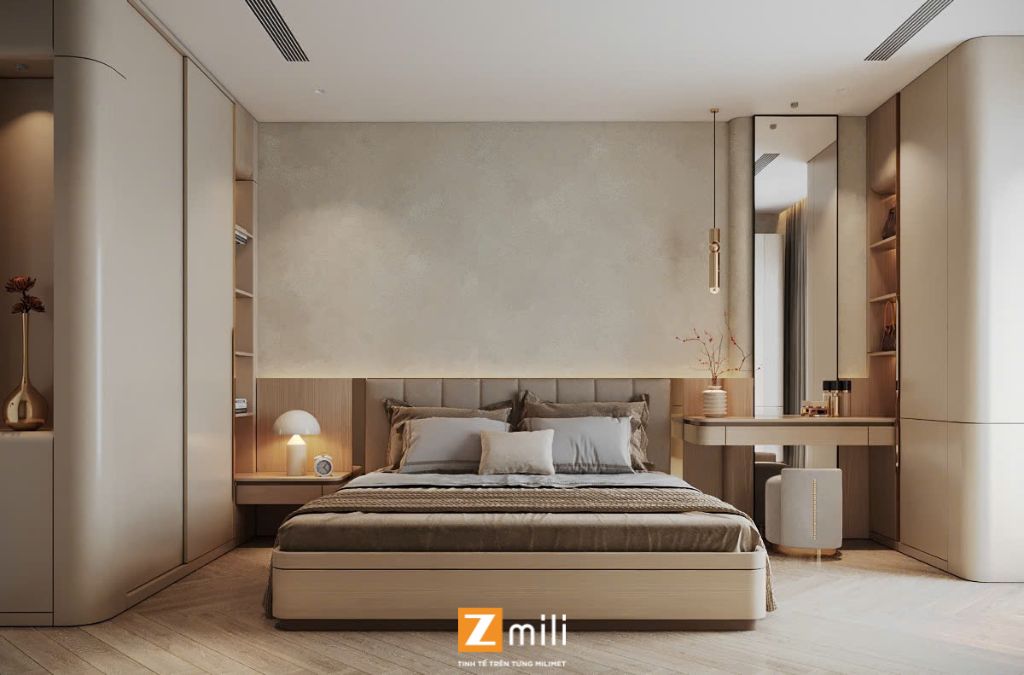 Cận cảnh gường ngủ với ánh sáng tone ấm thư thái, dễ chịu