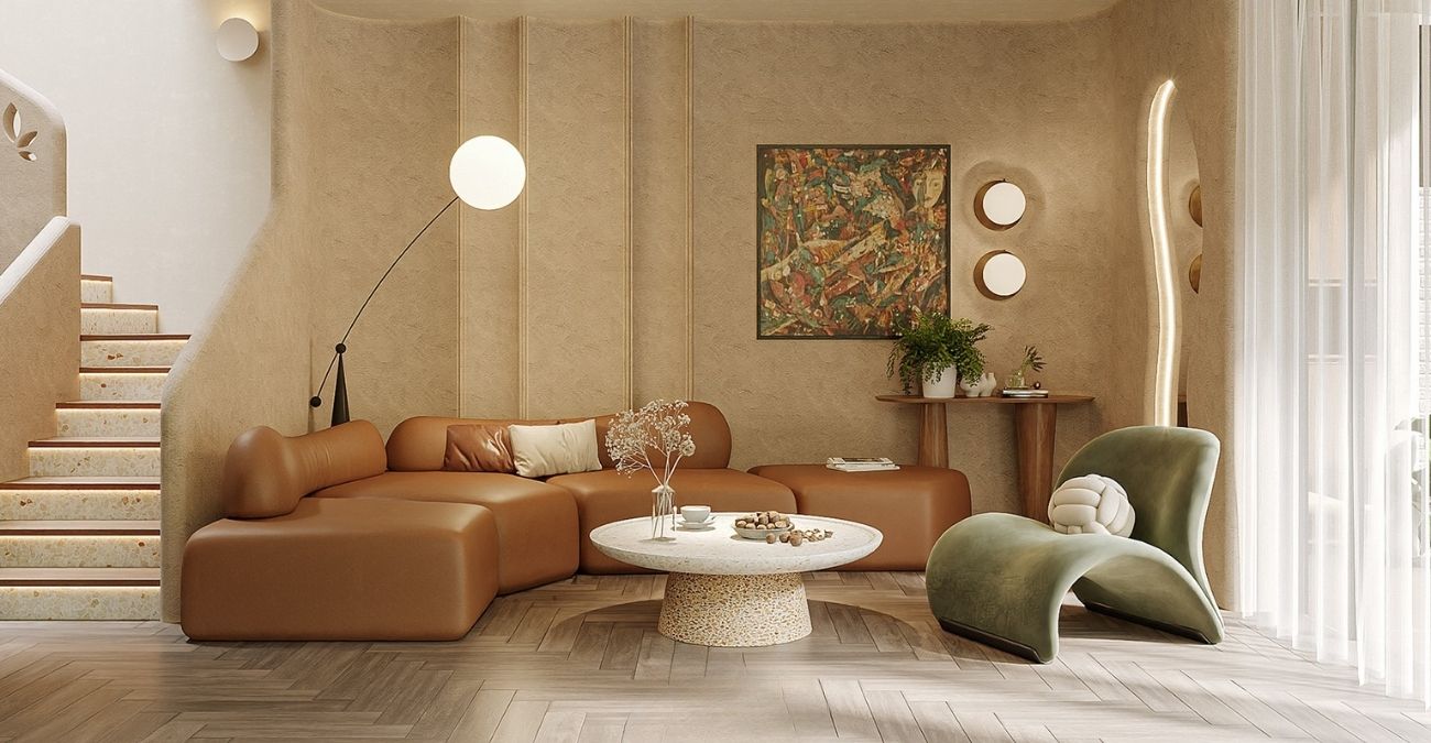 Trong phòng khách Retro, Sofa thường ưu tiên da bóng với cảm giác sang trọng