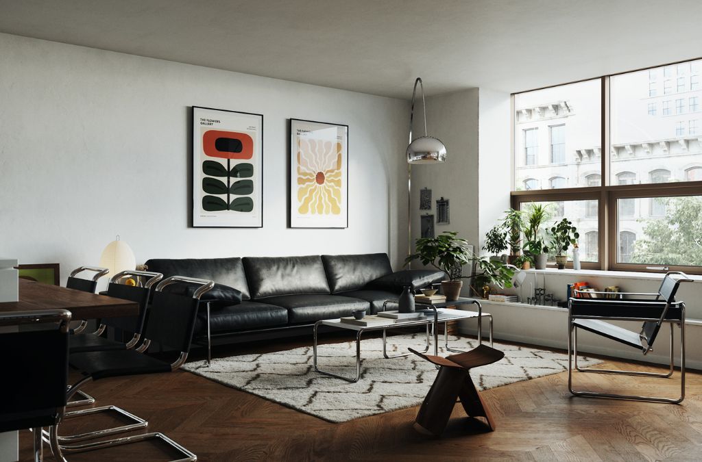 Phòng khách Mid-Century với hệ cửa kính lớn tối ưu ánh sáng tự nhiên