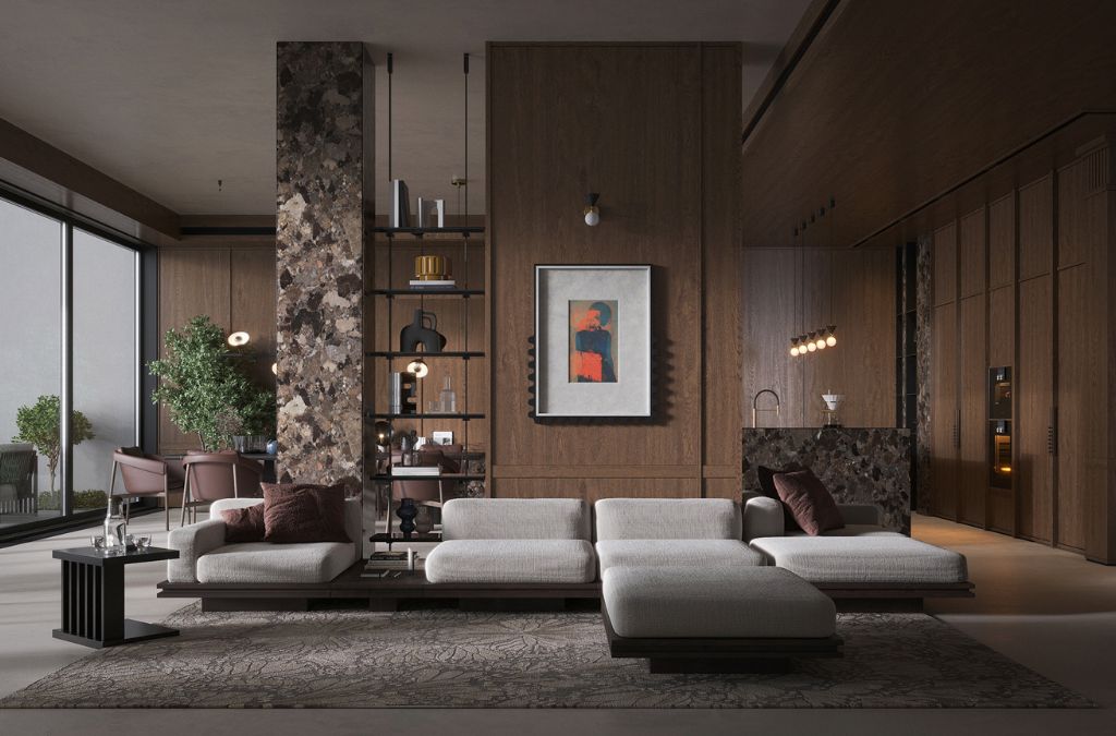 Mẫu phòng khác Mid-Century hiện đại với không gian mở, mềm mại