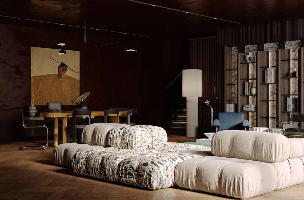 Mẫu phòng khách với điểm nhấn bộ Sofa họa tiết độc đáo