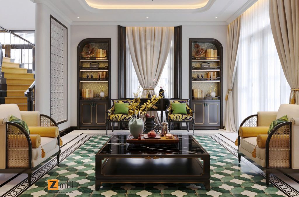 Mẫu phòng khách biệt thự thiết kế theo phong cách Indochine đẳng cấp