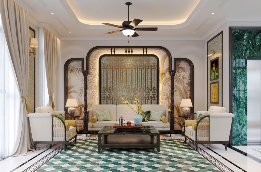 Phòng khách biệt thự Vinhomes Vũ Yên phong cách Indochine đẳng cấp
