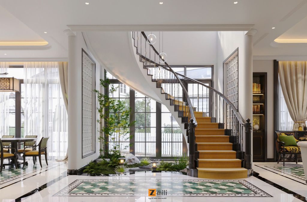 Sảnh thang kết nối giữa không gian khách bếp tạo sự thông thoáng, bề thế