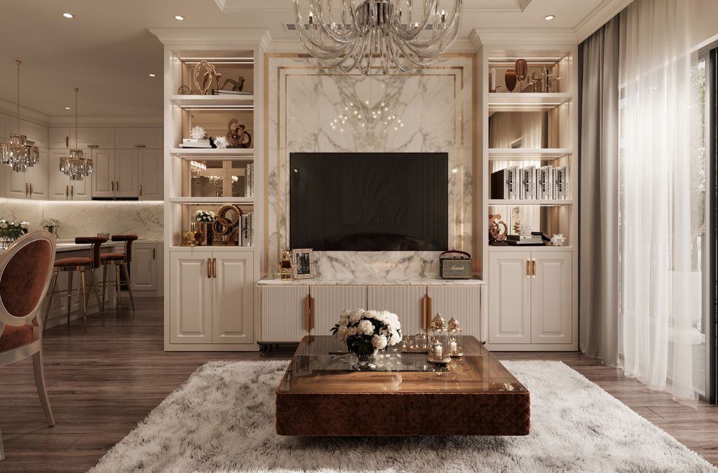 Mẫu phòng khách biệt thự Vũ yên phong cách Tân Cổ Điển đẹp, sang trọng