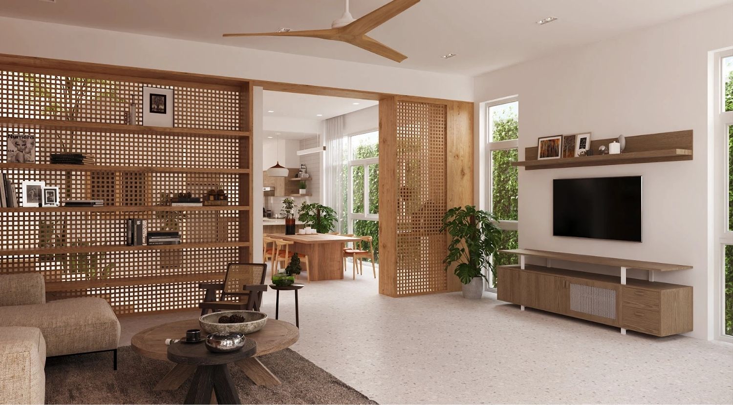 Không gian mộc mạc, liền mạch kết nối khách bếp tạo sự thoải mái, thoáng đãng