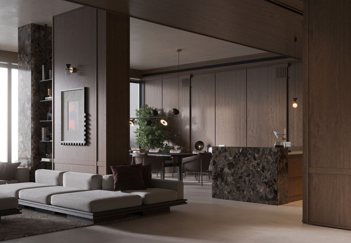 Không gian được thiết kế bo tròn, với những hình khối tự do, phòng khoáng