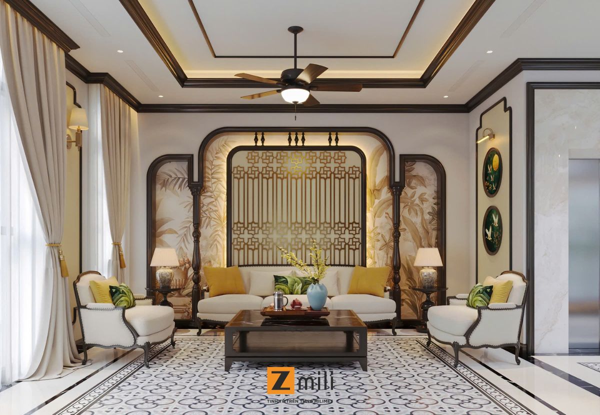 Mẫu phòng khách biệt thự Vũ Yên phong cách Indochine độc đáo, sang trọng